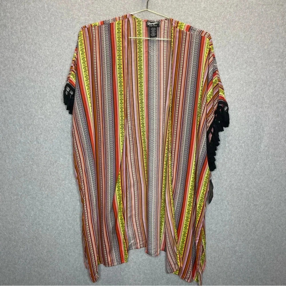 Wrangler Tops - Wrangler Retro Tassle Multi Color Open Front Bohemian Rainbow Cardigan Topper